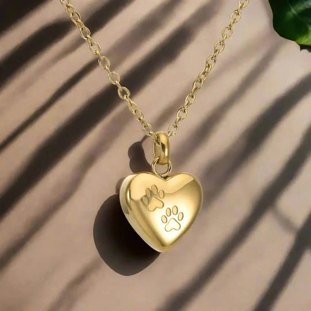 Pet Memorial Urn Necklace Heart-Shaped Pendant with Paw Engraving