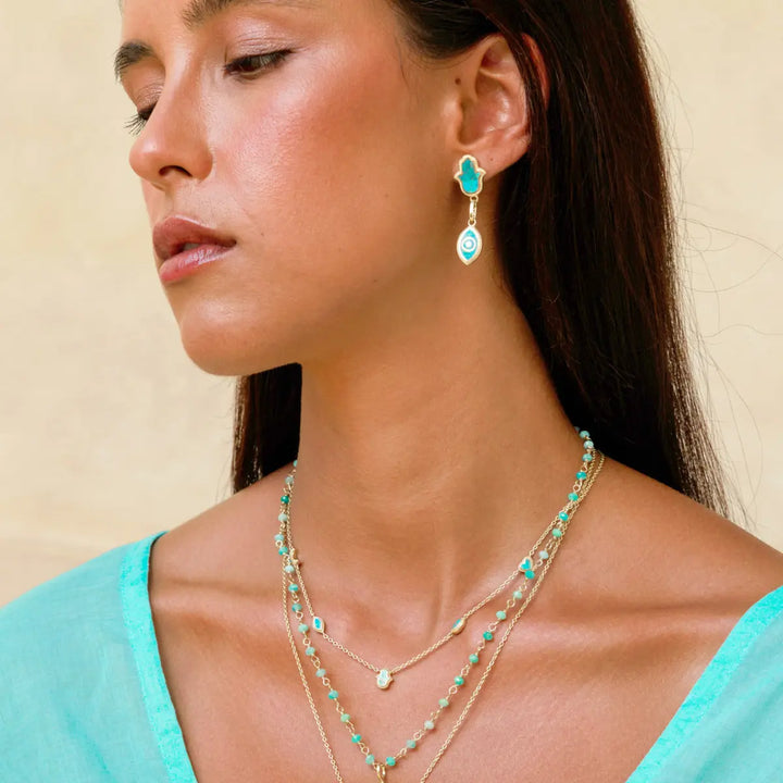 Peaceful Mindset Turquoise Evil Eye &amp; Hamsa Gold Earrings