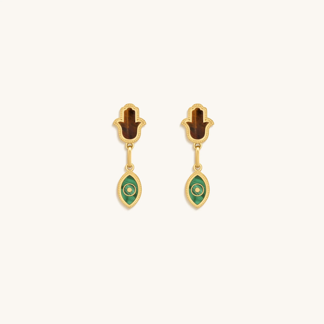 Dreams Secured Tiger’s Eye &amp; Malachite Hamsa &amp; Evil Eye Earrings