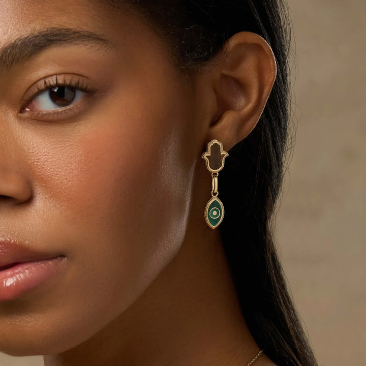 Dreams Secured Tiger’s Eye &amp; Malachite Hamsa &amp; Evil Eye Earrings