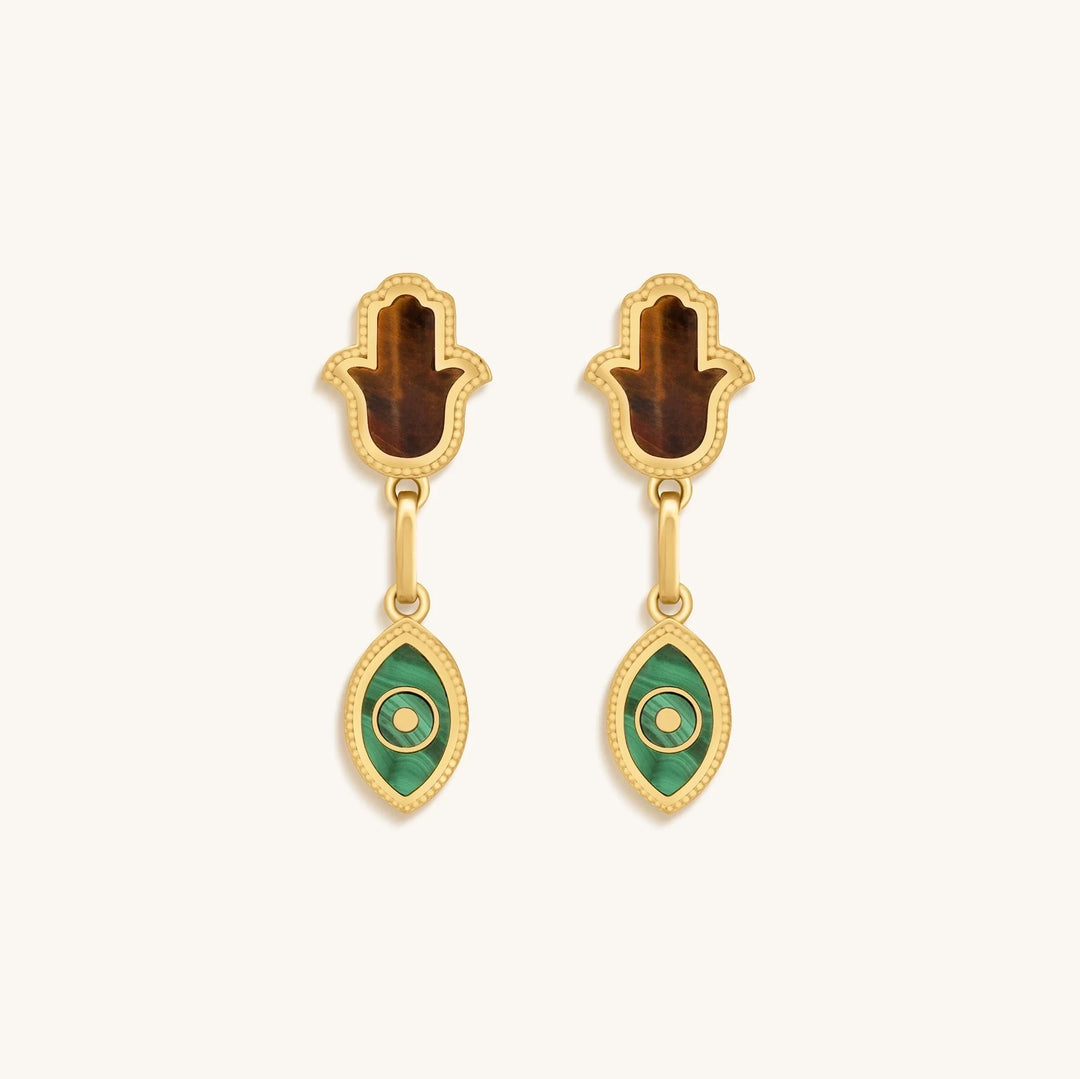 Dreams Secured Tiger’s Eye &amp; Malachite Hamsa &amp; Evil Eye Earrings