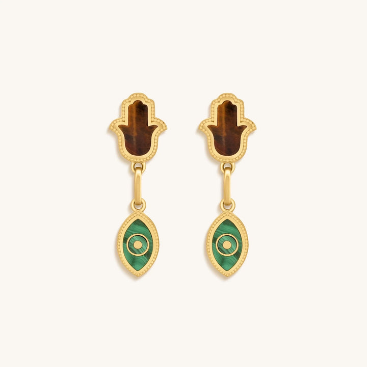 Dreams Secured Tiger’s Eye &amp; Malachite Hamsa &amp; Evil Eye Earrings