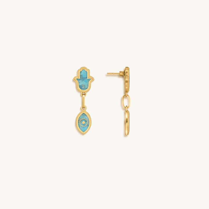 Peaceful Mindset Turquoise Evil Eye &amp; Hamsa Gold Earrings