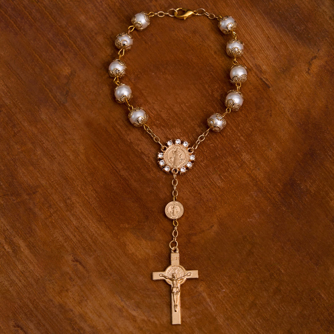 Christian Glass Beads St. Benedict &amp; Jesus Cross Bracelet Rosary