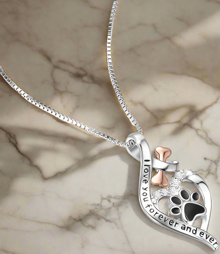 Lucky Paw Necklace with Heart, Bone &amp; Infinity – “Always in My Heart” Pendant