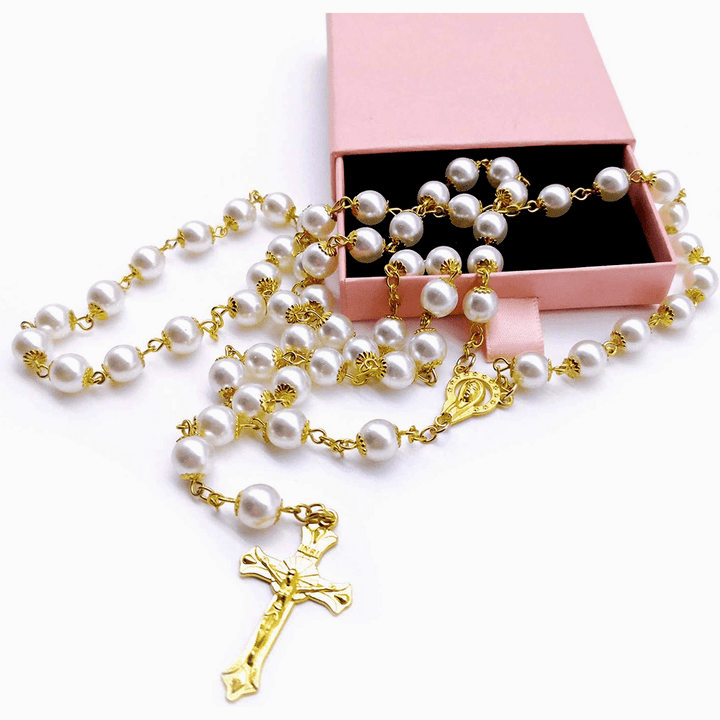 White Pearl Beads Catholic Blessing Rosary