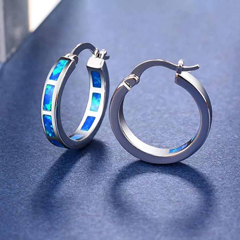 Blue Opal Circle Hoop Earrings