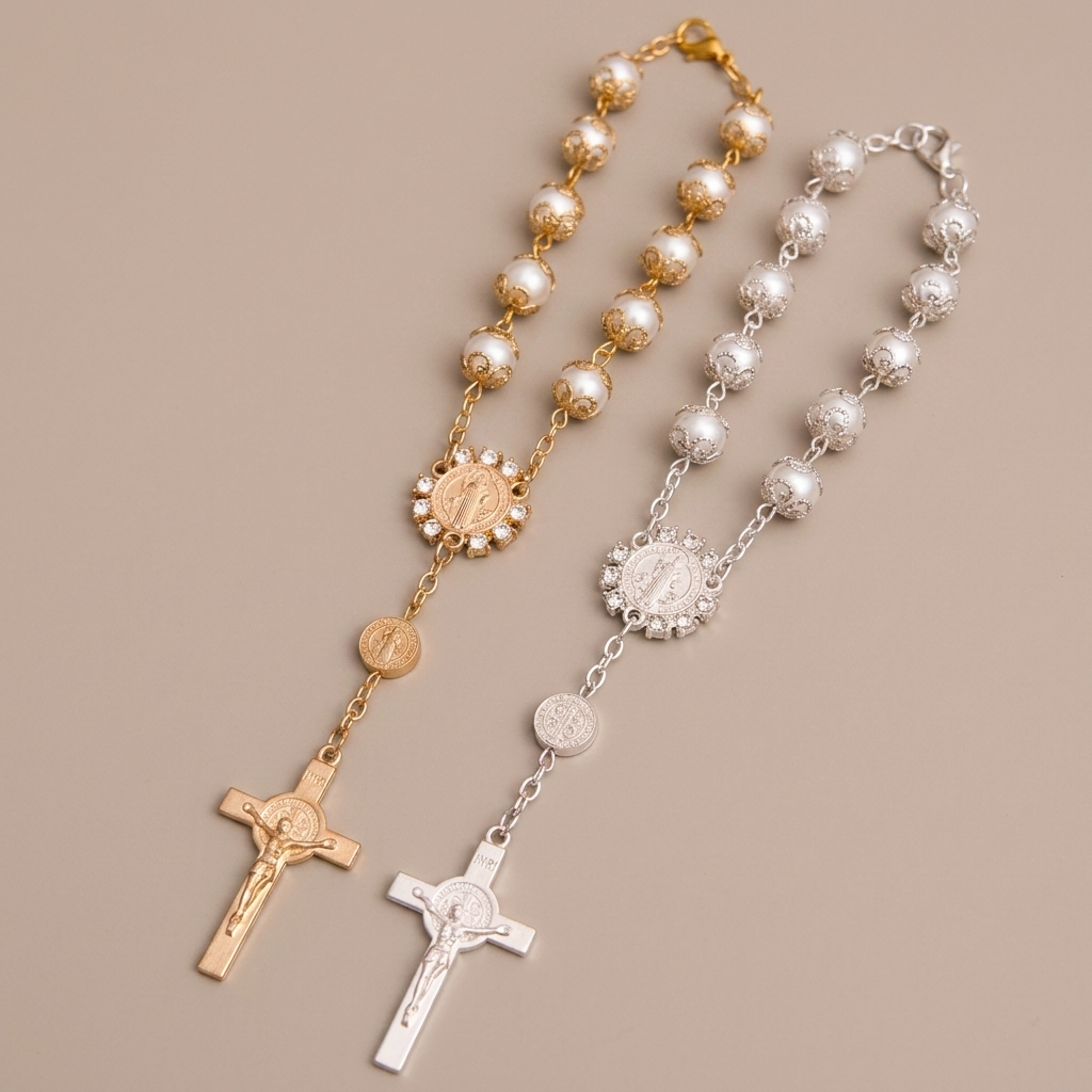 Christian Glass Beads St. Benedict &amp; Jesus Cross Bracelet Rosary