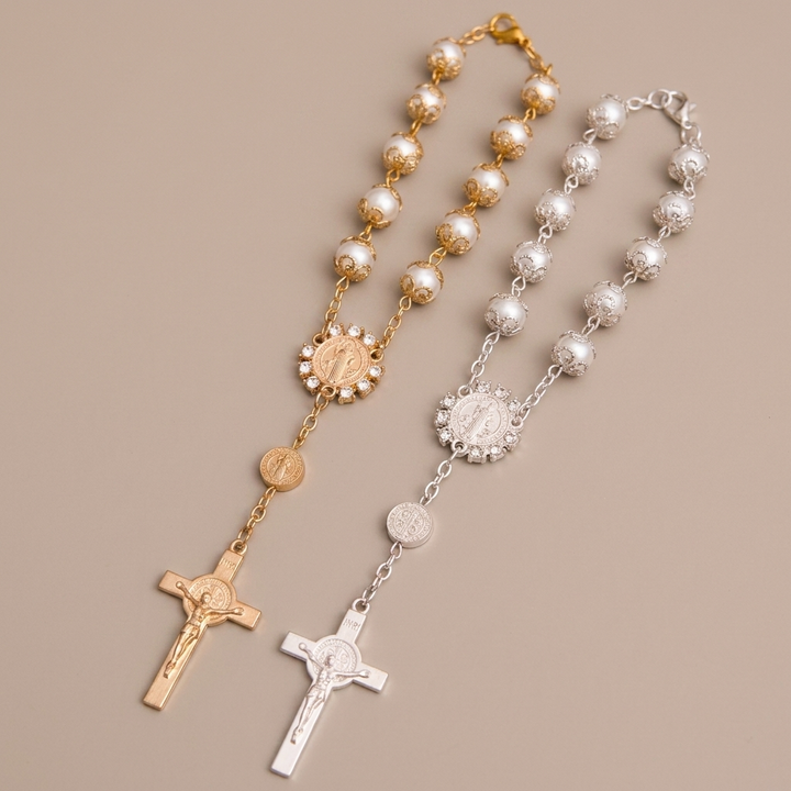 Christian Glass Beads St. Benedict &amp; Jesus Cross Bracelet Rosary