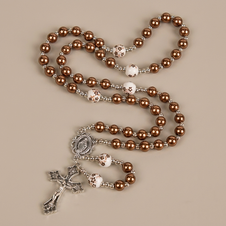 Miraculous Medal &amp; Crucifix, Round Multicolor Pearl/Ceramics Rosary