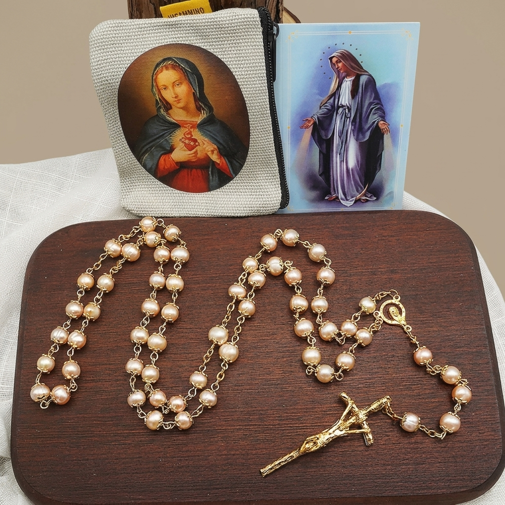 Virgin Mary &amp; Crucifix, Round Champagne Pearl Alloy Chain Rosary