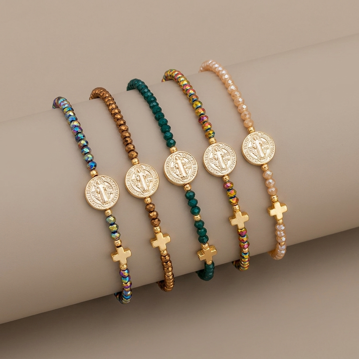 Handmade Earth Tone Rosary Bracelet with Cross &amp; St. Benedict Charm