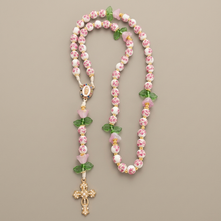 Divine Serenity Handmade Floral Rosary, Our Lady of Guadalupe &amp; Crucifix, Ceramic &amp; Jade