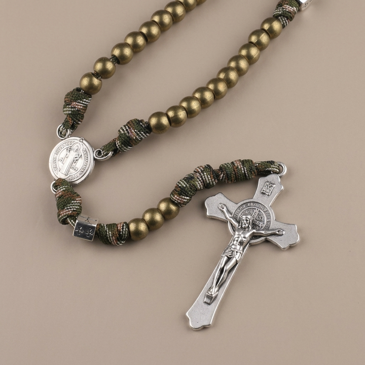 Miraculous Medal &amp; Crucifix, Round Black Gallstone Nylon Cord Rosary