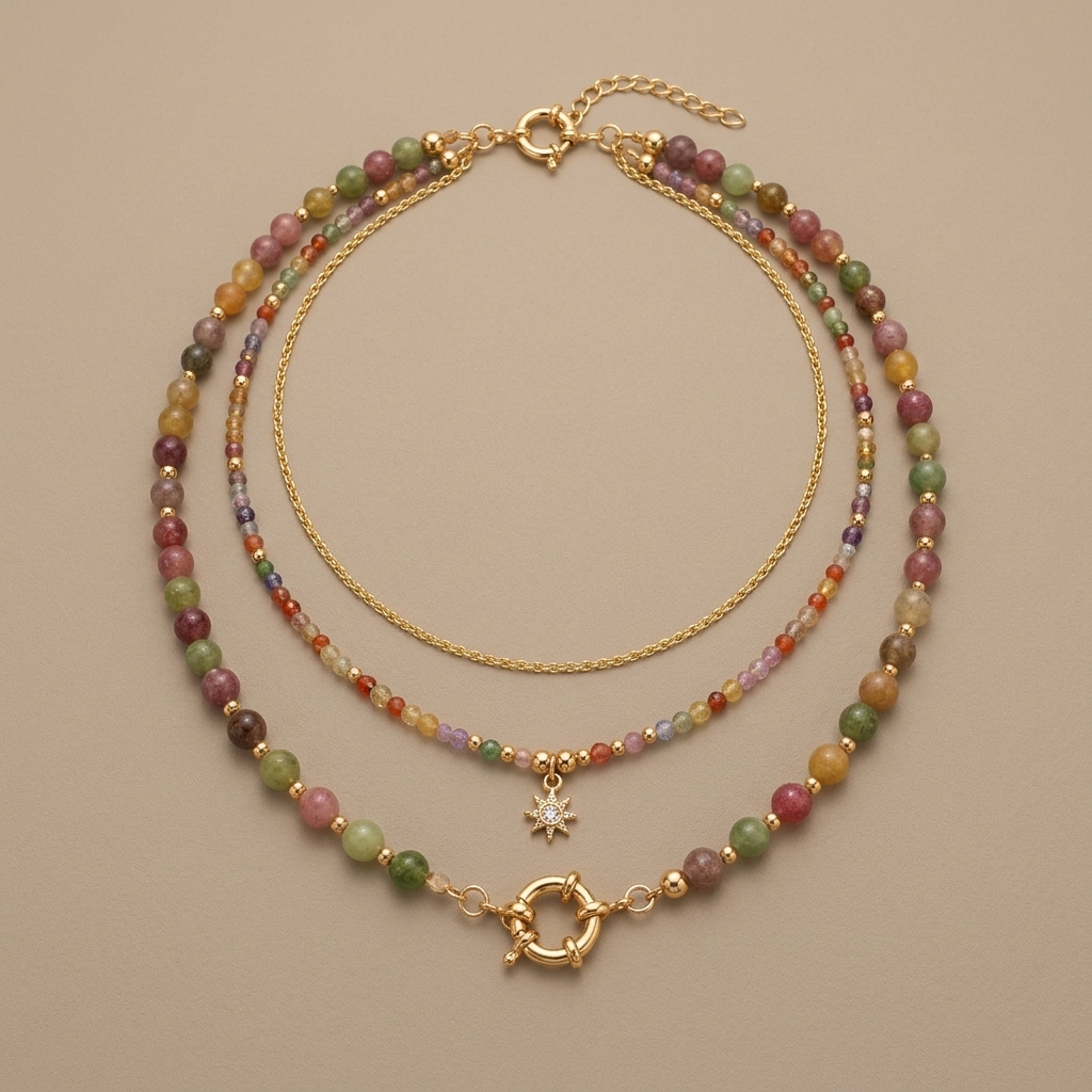 Colorful Tourmaline Beads Rosary with Square Divine Mercy &amp; Golden Crucifix