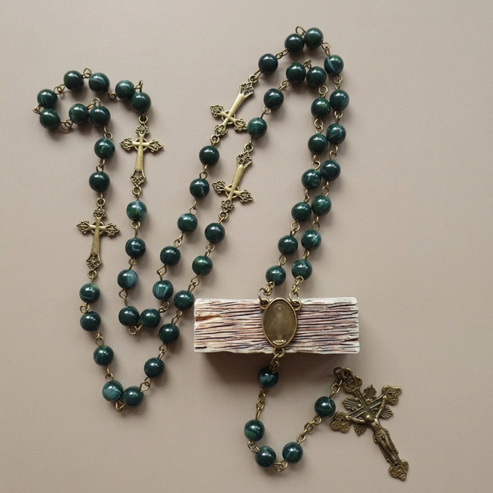 Blue Pattern Beads Rosary, Miraculous Medal &amp; Crucifix, Authentic Larimar Stone