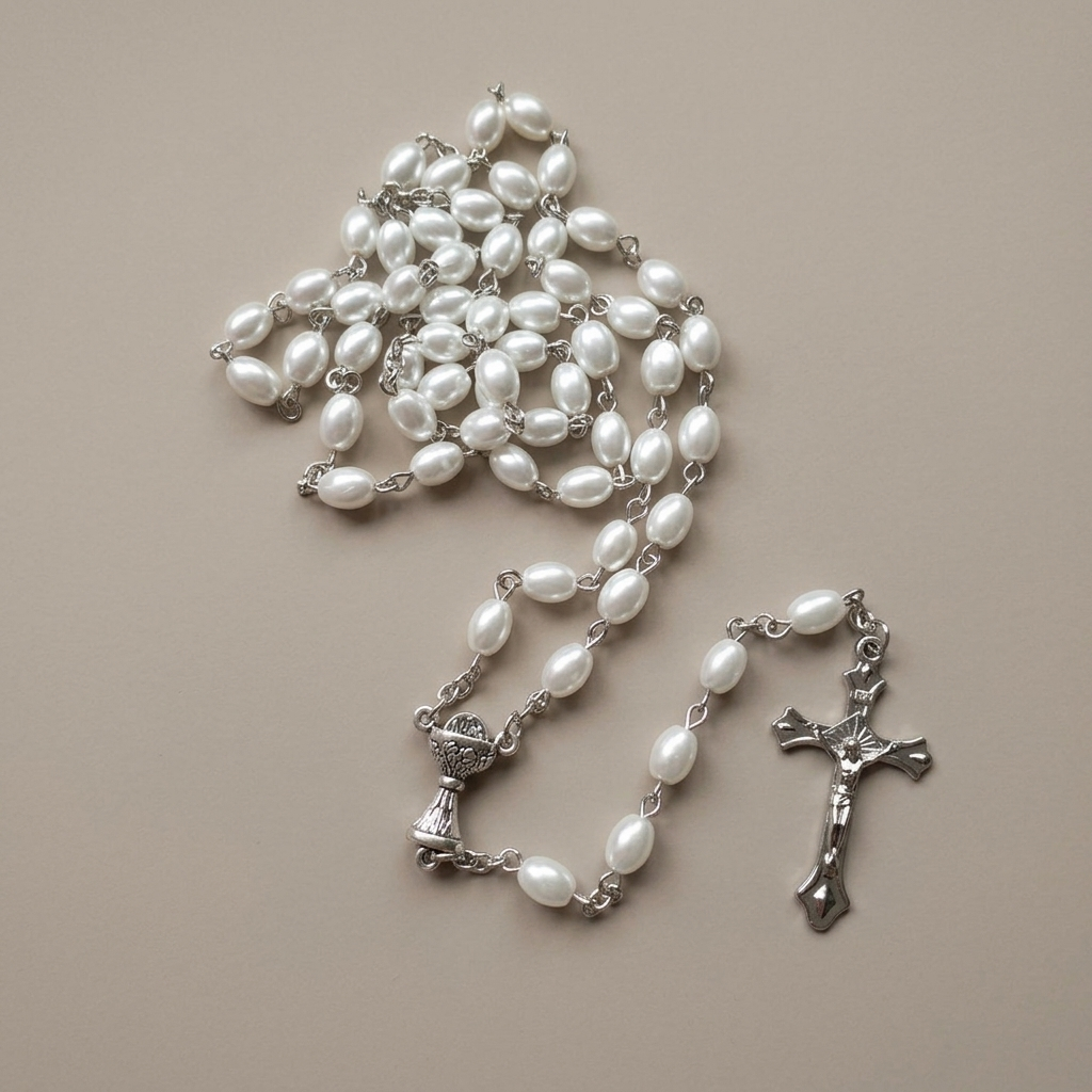 Holy Grail &amp; Crucifix, Oval White Pearl Alloy Chain Rosary