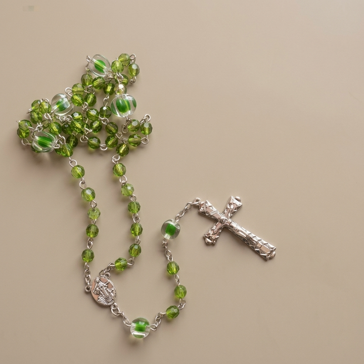 St. Benedict Medal &amp; Trinity Cross, Green Floral Ball Prayer Beads Rosary