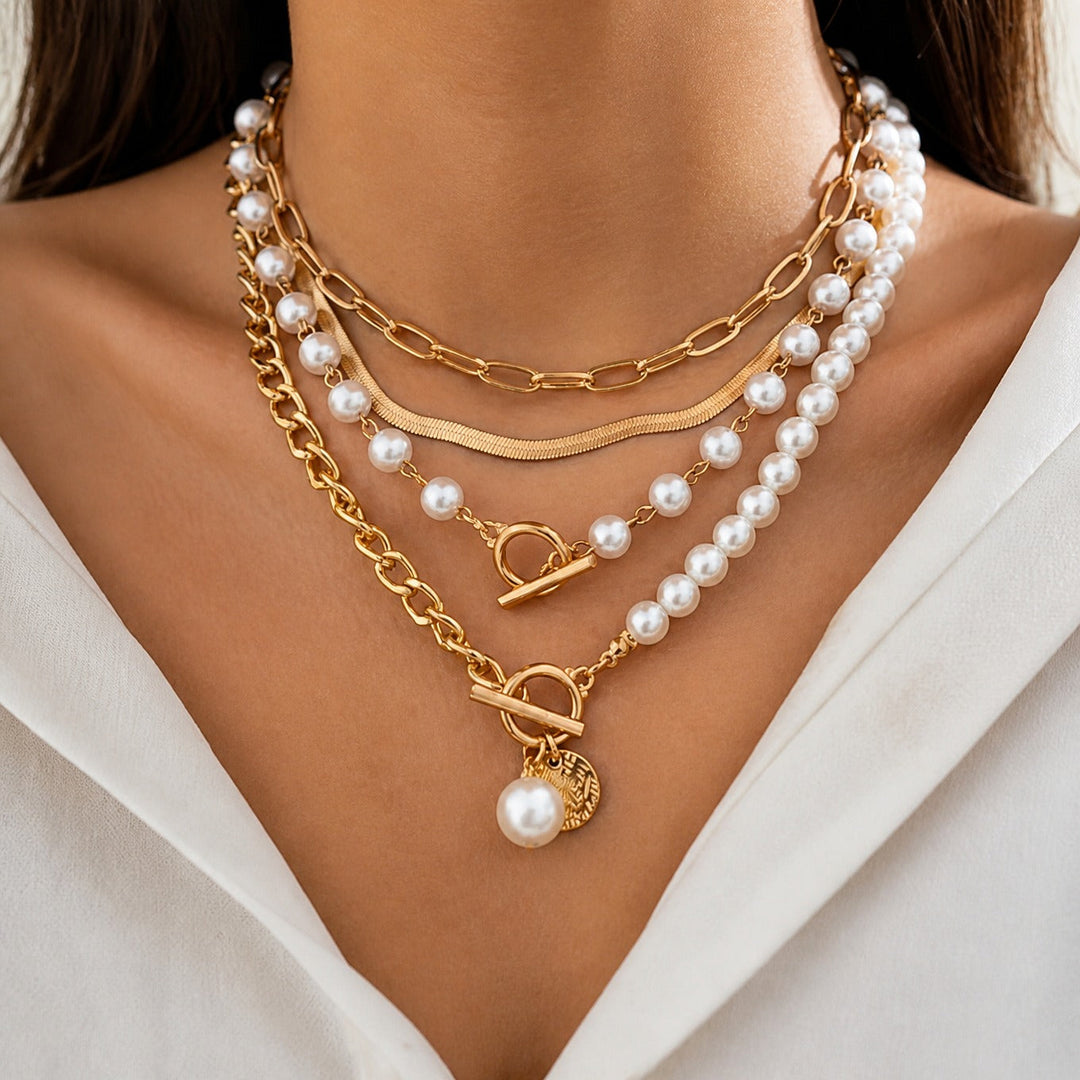 Vintage Pearl &amp; Snake Chain Necklace Set